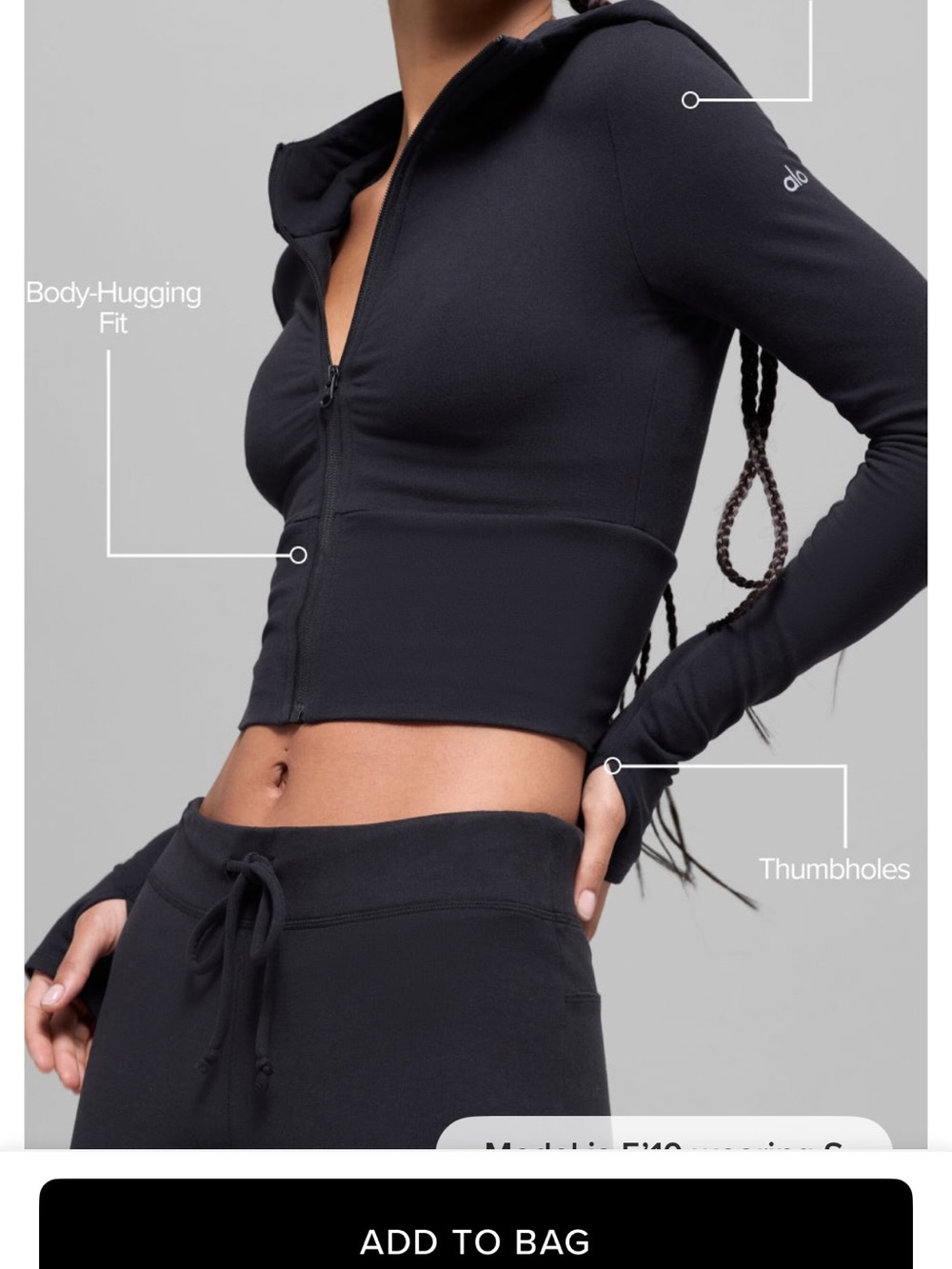 ALO Yoga Black Cropped Zip Sway Hoodie